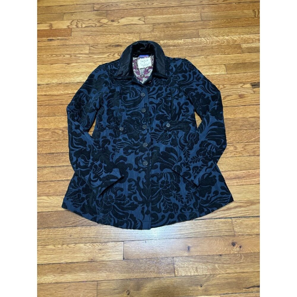 Free People Womens Jacket 8 Blue Black Jacquard Velour Brocade Coat Gothic Coat